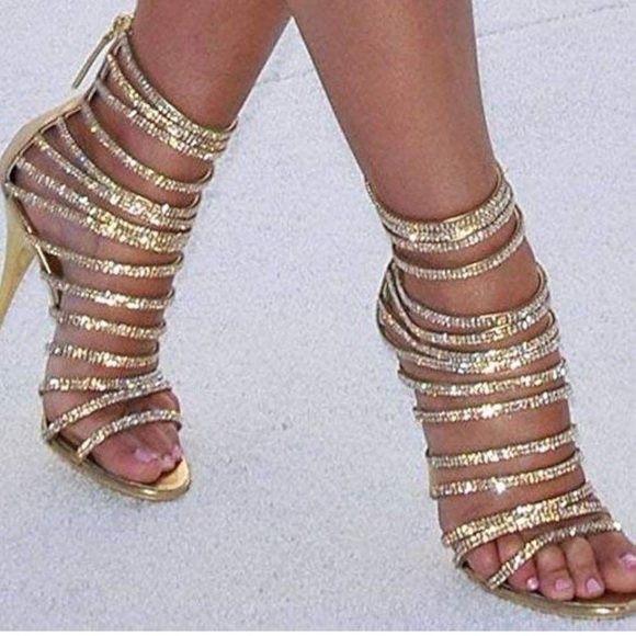 Woman High Stiletto Heel Dress Gladiator Peep Toe Sandals Gold size 8 - Picture 7 of 9